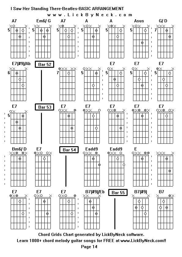 Chord Grids Chart of chord melody fingerstyle guitar song-I Saw Her Standing There-Beatles-BASIC ARRANGEMENT,generated by LickByNeck software.